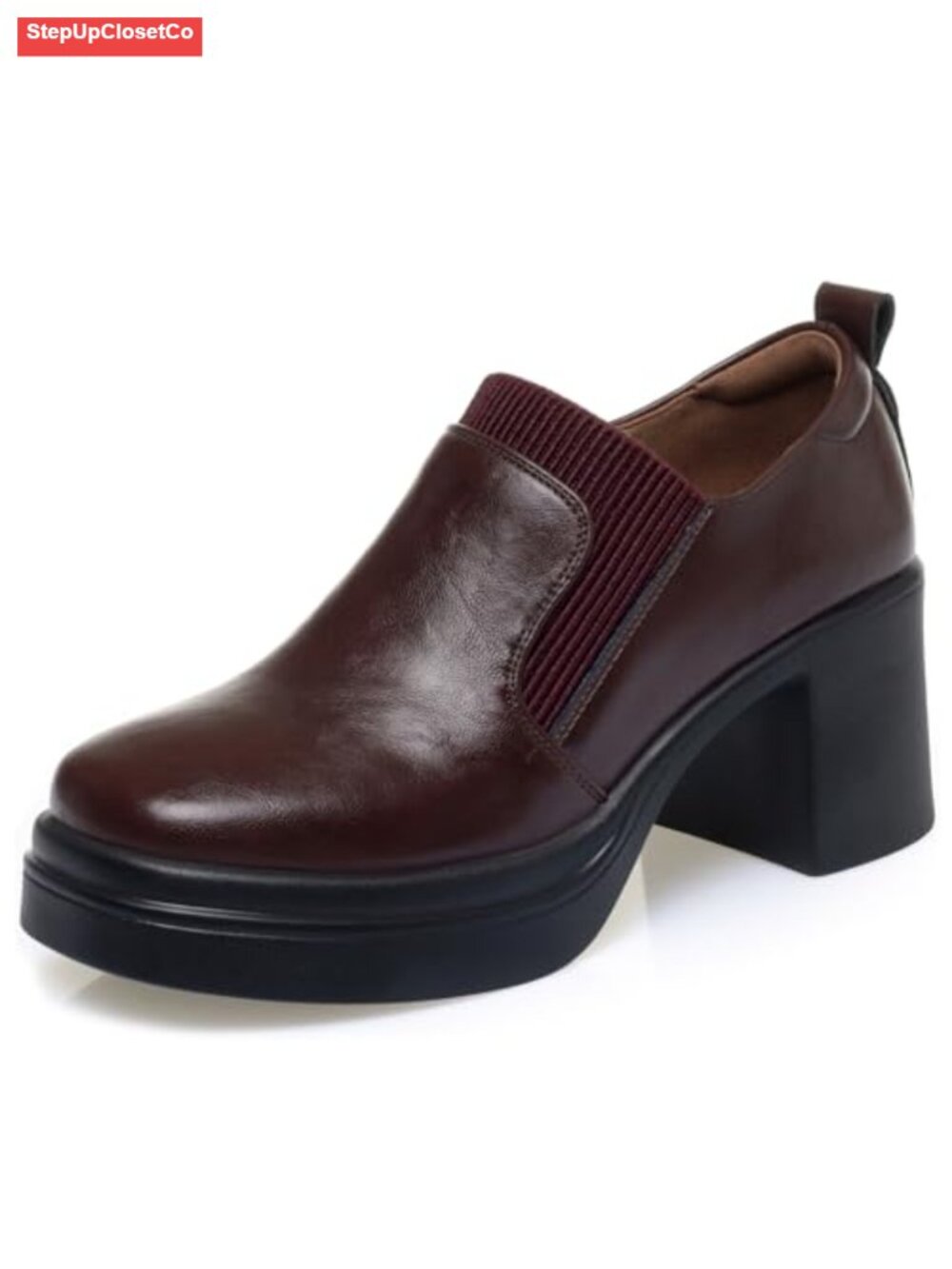 Faux Leather Square Toe Chunky Block Heel Loafers Slip On Platform Pumps